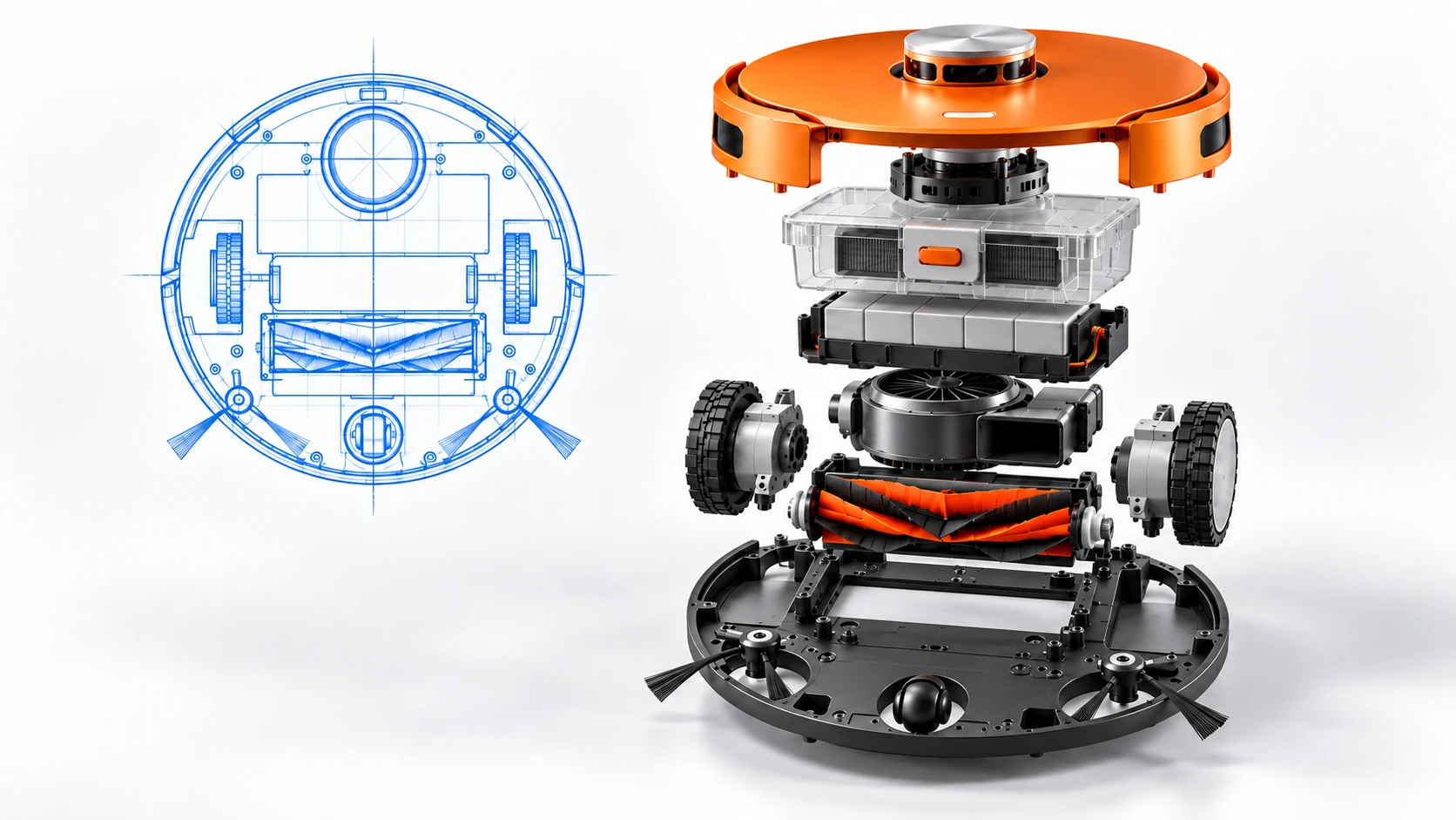Orange robot vacuum in an exploded assembly view beside its blue technical drawing.