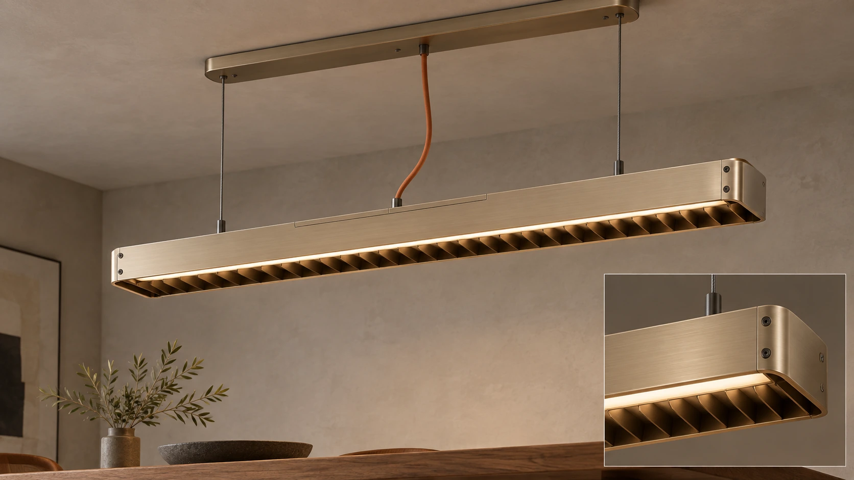 Brushed metal linear pendant illuminating a dining table