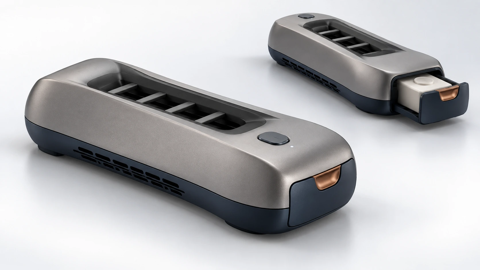 Compact silver and dark blue car air diffuser shown closed and open